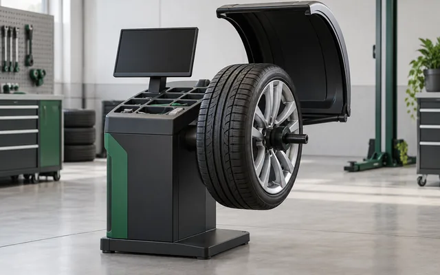 Roda automotiva montada em máquina de balanceamento