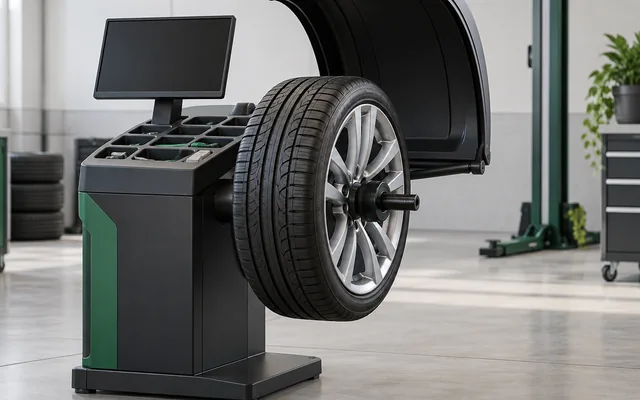 Detalhe da roda e do pneu em equipamento de balanceamento