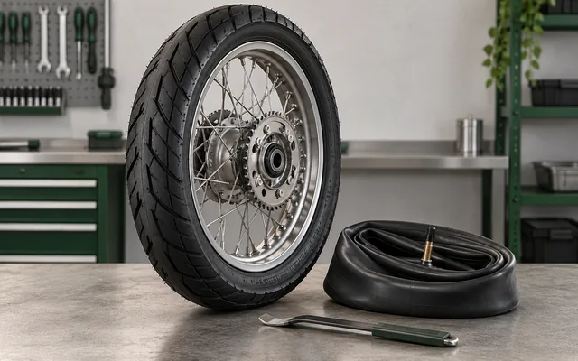 Roda de motocicleta com câmara de ar e ferramenta de manutenção