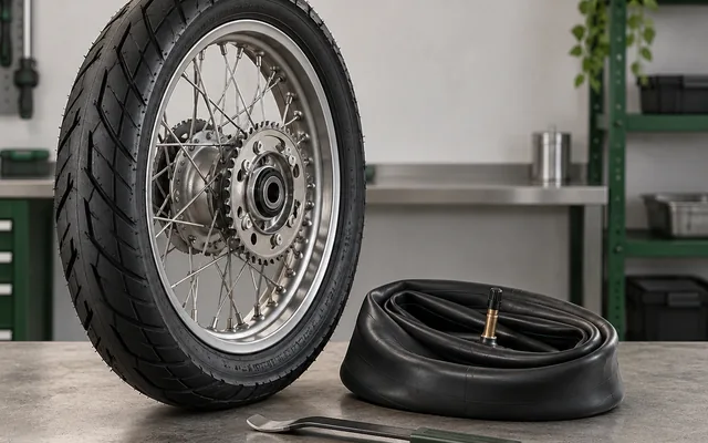 Detalhe de câmara de ar junto a pneu de motocicleta